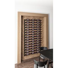 a wooden wine rack in the corner of a room next to a table and chairs