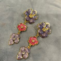 These Are Very Pretty Purple And Pink Enamel Flower Earrings. Approx 2.5” L Vintage 1980s But New 14kgp Vintage Purple Flower Earrings, Purple Clip-on Earrings, 80s Jewelry, Hummingbird Earrings, Crystal Heart Earrings, Pretty Purple, Gold Moon, Pink Enamel, Vintage Purple