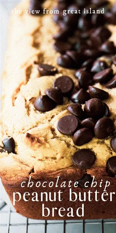 chocolate chip peanut butter bread on a cooling rack with text overlay that reads, the view from great island