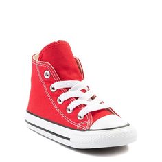 Complete their look with the iconic style of the Converse Chuck Taylor All Star Hi Sneaker! You're never too old, or young, for the original Chuck Taylor All Stars from Converse, this toddler sized All Star Hi features breathable canvas uppers wi Red High-top Canvas Shoes For Spring, Red Canvas Shoes For Spring Streetwear, Red Cotton Sneakers For Spring, Casual High-top Adjustable Sneakers, High-top Cotton Sneakers For School, Red Cotton Canvas Shoes With Rubber Sole, Casual Red Cotton Sneakers, Converse Cotton Sneakers For School, Red High-top Sneakers With Rubber Toe Cap