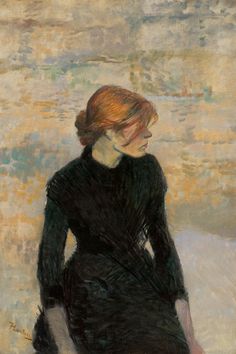 a painting of a woman in black sitting down