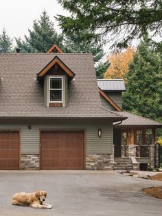 a large brown dog laying on top of a driveway next to a house with two garage doors