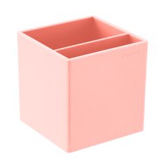 a pink square box with three compartments on the front and one in the middle, against a white background