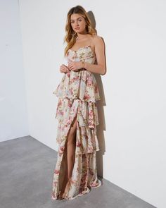 Fitted bodice Sweetheart neckline Boning Front slit Floral print Tiered Lace-up back closure Floral Bridesmaid Dresses Mismatched, Vici Dolls, Vici Dress, Floral Wrap Maxi Dress, Derby Dress, Maid Of Honour Dresses, Paisley Maxi Dress