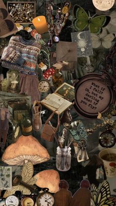 a collage of many different items including clocks, pictures and other things on display