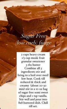 chocolate fudge is cut into squares on a white plate with the recipe below it