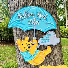 a winnie the pooh sign hanging from a tree with an umbrella attached to it