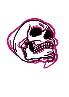 a pink and black drawing of a skull