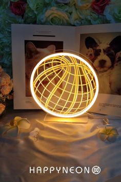 a light up globe sitting on top of a table next to flowers and a card