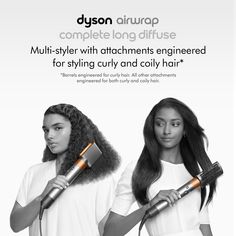 Marque: Dyson
 Couleur : Complete Diffuse pour cheveux bouclés à frisés
 Caractéristiques:


 Coiffage polyvalent du début à la fin – cheveux bouclés et frisés

 La grande brosse volumatrice ronde offre plus de volume et de corps, tout en créant une tension pour façonner les cheveux pendant qu'ils sèchent.

 Le diffuseur simule le séchage naturel pour définir des boucles et des ondulations d'apparence naturelle, tout en dispersant les cheveux uniformément autour des boucles pour réduire les frisottis.

 Le sèche-cheveux lissant Coanda fait passer les cheveux mouillés à humides en mode pré-coiffage et perfectionne votre style en mode lissage pour une finition brillante.

 La brosse ferme lisse les cheveux épais et bouclés grâce à un flux d'air Coanda amélioré pour attirer et aligner les ch Coarse Curly Hair, Curly Coily Hair, Hair Lengthening, Natural Looking Curls, Dyson Airwrap, Skincare Cosmetics, Clive Christian, Coily Hair, Wide Tooth Comb