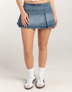 RSQ Womens Low Rise Pleated Denim Mini Skirt - MEDIUM WASH | Tillys Low Rise Mini Denim Skirt, Jean Pleated Skirt, Pleated Denim Mini Skirt, Fashion Course, Jean Skort, Mini Jean Skirt, Flannel Sweatshirt, Thrift Inspo, Pleated Denim