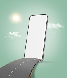 an image of a road going into the sky with a mirror on it's side