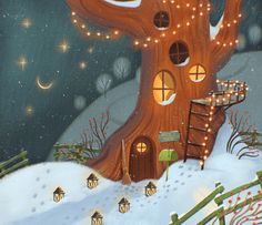 a painting of a tree house in the snow with lights on it's roof