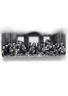 the last supper is depicted in this black and white photo, with an image of jesus's family