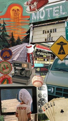 a collage of various items including a television, car and street signs