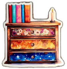 a painting of a dresser with books on top and candles in the drawer next to it