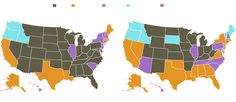 two maps showing the united states with different colors and numbers on each map, one is colored