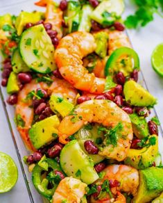 shrimp and avocado salad with cilantro, limes, and beans