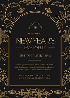 a black and gold new year's eve party with an ornate frame on it