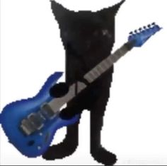 a black cat with a blue guitar in front of it's back legs and neck