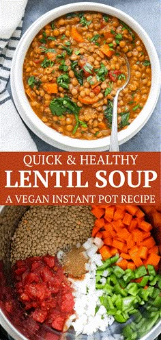 a bowl filled with lentil soup and vegetables