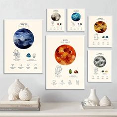 the solar system is displayed on a wall above a table with vases and books