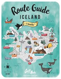 the route guide to iceland is shown in blue and green watercolors with an illustrated map