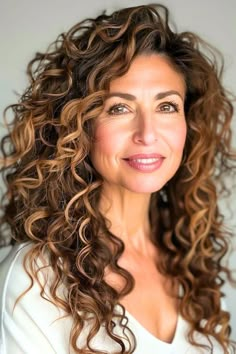 Long voluminous curls with face-framing highlights on beautiful woman in her 60s. Long Blonde Curls, Dyed Curly Hair, Natural Curly Hair Cuts, Hairstyles For Women Over 60, Curly Hair Women, Long Bob Hairstyles, Curly Hair Cuts