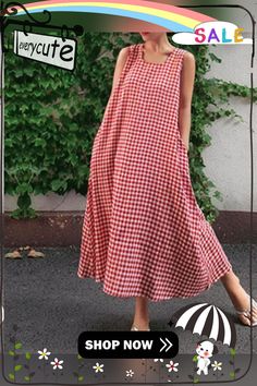 Women Casual Sleeveless Plaid Side Pocket Loose Maxi Dress Spring Sleeveless Cotton Plaid Dress, White Sleeveless Cotton Plaid Dress, Plaid Cotton Sleeveless Dress, Spring V-neck Plaid Cotton Dress, Casual Plaid Cotton V-neck Dress, Loose Maxi Dress, Side Pocket, Western Wear, Casual Women