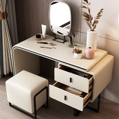 a white desk with a mirror and stool