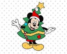 mickey mouse in a christmas tree with stars on his head and arms, wearing a santa hat