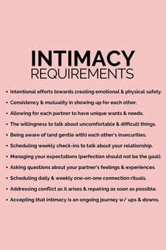 a pink poster with black text that says,'intimacy requirementss international efforts towards creating emotion and physical safety