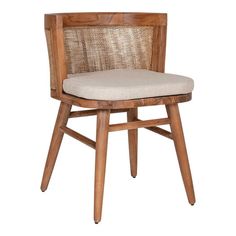 a wooden chair with a white cushion on it