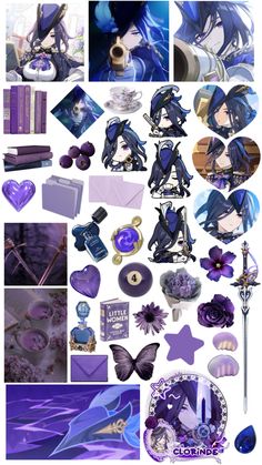 the collage is full of purple and blue items