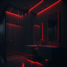 a dark bathroom with red lights on the walls and vanity, shower stall and sink