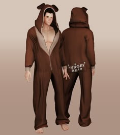 two people in animal onesuits standing next to each other with the words hungry bear on them