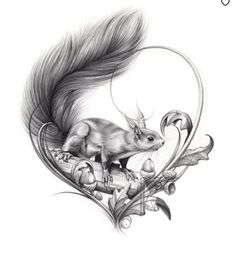 a pencil drawing of a squirrel on top of a tree branch with leaves and flowers