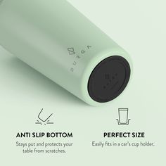 an image of a green cup with the words anti slip bottom and perfect size on it