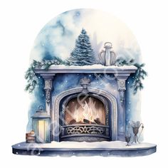 a watercolor painting of a christmas fireplace