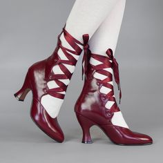 Tango Edwardian Boots are just as seductive as the Tango dance craze that swept the world in the 1910s. Designed to show off the legs, these gorgeous lace-up boots are based on several antique examples from 1900 through 1920. Tango features a deliciously curved shaft and scalloped tabs, which are laced with double-faced satin ribbon laces. Tango comes with two sets of ribbon laces, for adjustable sizing. Smooth leather uppers are stunning in a variety of beautiful colors. Tango sports a brand-ne Elegant Fitted Lace-up Heeled Boots, Victorian Boots With Leather Sole For Formal Wear, Gothic Fitted Boots For Formal Occasions, Victorian Formal Boots With Leather Sole, Fitted Gothic Boots For Formal Occasions, Vintage Lace-up Boots With Leather Sole For Formal Occasions, Formal Victorian Boots With Leather Sole, Vintage Party Boots, Victorian Boots With Leather Sole