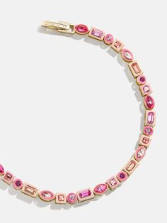 The Kayden Bracelet is crafted in a chic, pink ombre color palette. Mixed-shape, colored gems are bound together to create an extra interesting eternity bracelet design. Each is topped off with pink enamel, ensuring that this piece will add a pop of color to every single outfit you put together. Every Jewels, Eras Bracelets, Pink Obsession, Dress Reference, Pink Jewelry Set, Eternity Bracelet, Wishlist 2024, Crystal Anklet, Birthday Jewelry