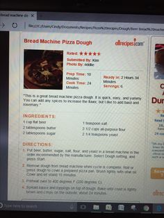 a computer screen showing the recipe for bread machine pizza dough on it's menu