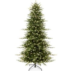 an artificial christmas tree with white lights on it's base and green needles, is shown