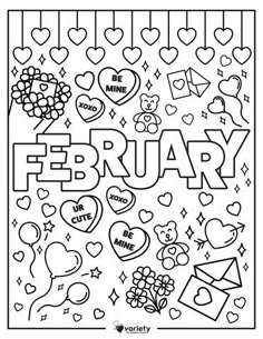 the word february is surrounded by hearts and other things that are drawn in black and white