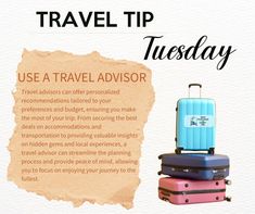 three suitcases stacked on top of each other with the words travel tip tuesday written above them