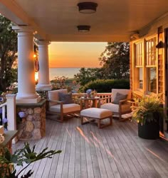 a porch with chairs and tables on it