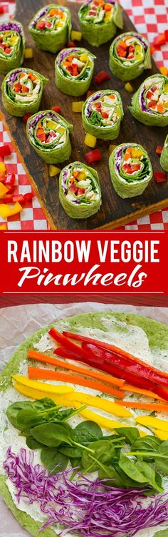 rainbow veggie finger foods are displayed on a table with red and white checkered paper