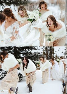 the bride and her bridal party have fun in the snow with their fur stoles