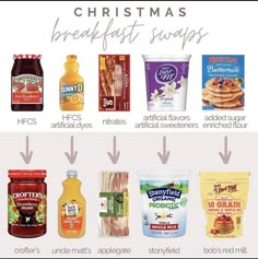 the ingredients for christmas breakfast swaps are shown in this graphic above it's description