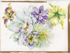 a watercolor painting of purple and white flowers